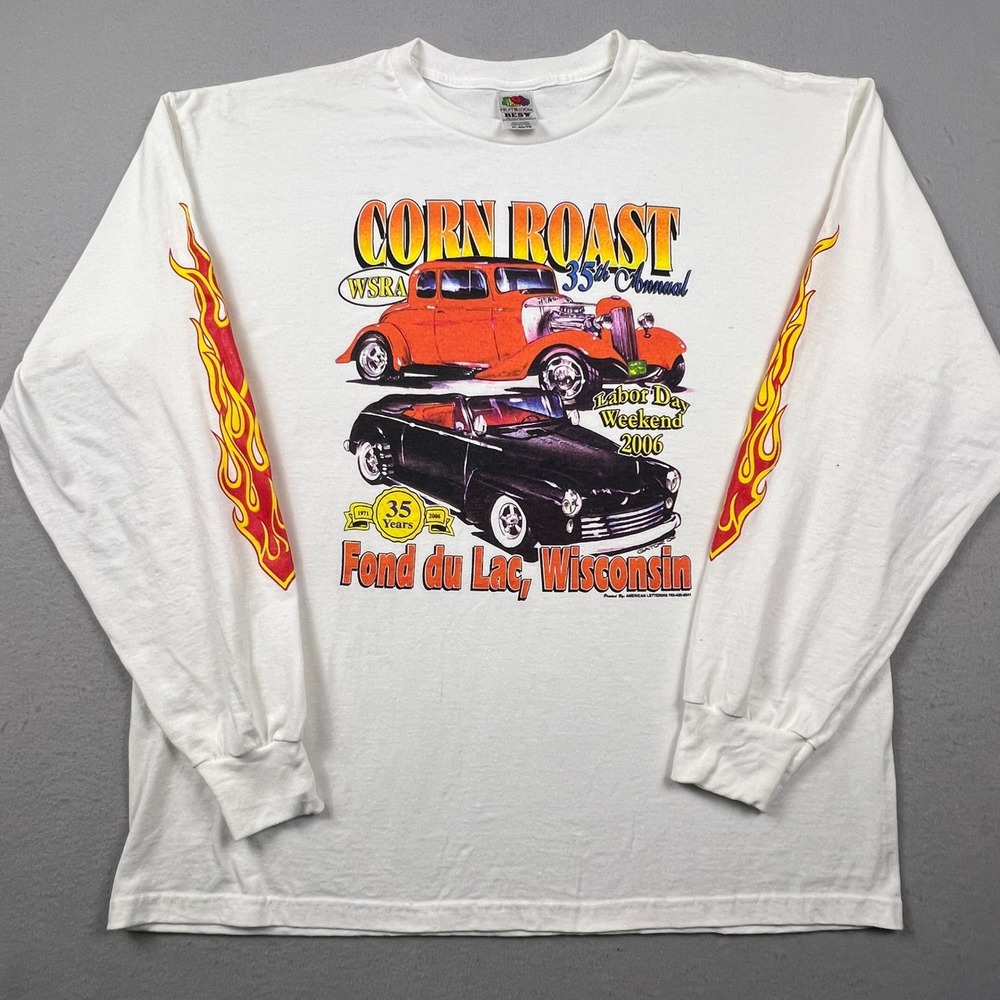 Corn Roast Hot‎ Rod Flame T-Shirt Mens XL Y2K Fruit of Loom Best Tee Wisconsin